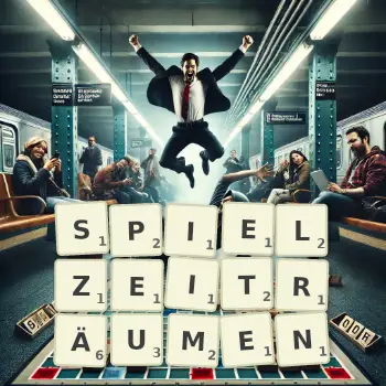 Kreative Illustration für ein Scrabble-Spiel, bei dem das Wort SPIELZEITRÄUMEN mit Steinen auf dem Brett gelegt wurde.