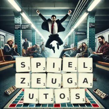 Kreative Illustration für ein Scrabble-Spiel, bei dem das Wort SPIELZEUGAUTOS mit Steinen auf dem Brett gelegt wurde.