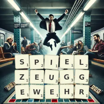 Kreative Illustration für ein Scrabble-Spiel, bei dem das Wort SPIELZEUGGEWEHR mit Steinen auf dem Brett gelegt wurde.