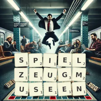 Kreative Illustration für ein Scrabble-Spiel, bei dem das Wort SPIELZEUGMUSEEN mit Steinen auf dem Brett gelegt wurde.