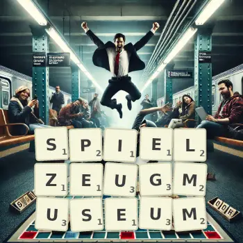 Kreative Illustration für ein Scrabble-Spiel, bei dem das Wort SPIELZEUGMUSEUM mit Steinen auf dem Brett gelegt wurde.