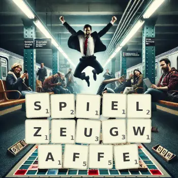 Kreative Illustration für ein Scrabble-Spiel, bei dem das Wort SPIELZEUGWAFFE mit Steinen auf dem Brett gelegt wurde.