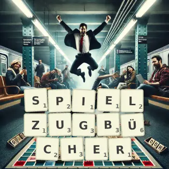 Kreative Illustration für ein Scrabble-Spiel, bei dem das Wort SPIELZUGBÜCHER mit Steinen auf dem Brett gelegt wurde.