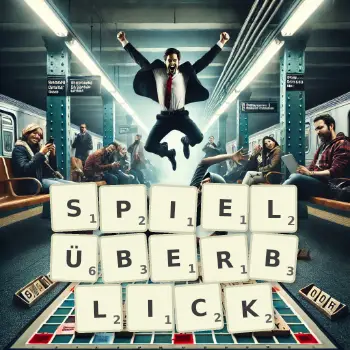 Kreative Illustration für ein Scrabble-Spiel, bei dem das Wort SPIELÜBERBLICK mit Steinen auf dem Brett gelegt wurde.