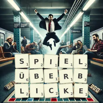 Kreative Illustration für ein Scrabble-Spiel, bei dem das Wort SPIELÜBERBLICKE mit Steinen auf dem Brett gelegt wurde.