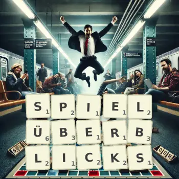 Kreative Illustration für ein Scrabble-Spiel, bei dem das Wort SPIELÜBERBLICKS mit Steinen auf dem Brett gelegt wurde.