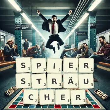 Kreative Illustration für ein Scrabble-Spiel, bei dem das Wort SPIERSTRÄUCHER mit Steinen auf dem Brett gelegt wurde.