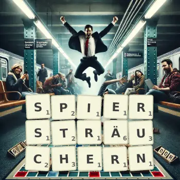Kreative Illustration für ein Scrabble-Spiel, bei dem das Wort SPIERSTRÄUCHERN mit Steinen auf dem Brett gelegt wurde.