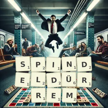 Kreative Illustration für ein Scrabble-Spiel, bei dem das Wort SPINDELDÜRREM mit Steinen auf dem Brett gelegt wurde.