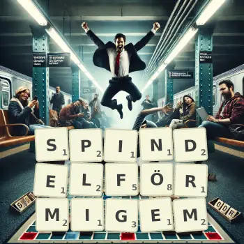 Kreative Illustration für ein Scrabble-Spiel, bei dem das Wort SPINDELFÖRMIGEM mit Steinen auf dem Brett gelegt wurde.
