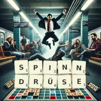 Kreative Illustration für ein Scrabble-Spiel, bei dem das Wort SPINNDRÜSE mit Steinen auf dem Brett gelegt wurde.