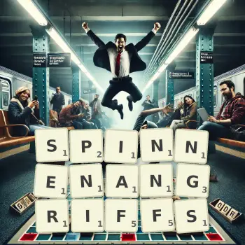 Kreative Illustration für ein Scrabble-Spiel, bei dem das Wort SPINNENANGRIFFS mit Steinen auf dem Brett gelegt wurde.