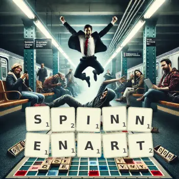 Kreative Illustration für ein Scrabble-Spiel, bei dem das Wort SPINNENART mit Steinen auf dem Brett gelegt wurde.