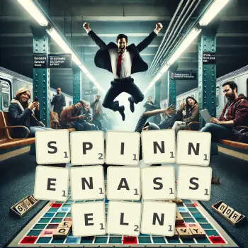 Kreative Illustration für ein Scrabble-Spiel, bei dem das Wort SPINNENASSELN mit Steinen auf dem Brett gelegt wurde.