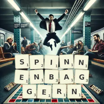 Kreative Illustration für ein Scrabble-Spiel, bei dem das Wort SPINNENBAGGERN mit Steinen auf dem Brett gelegt wurde.