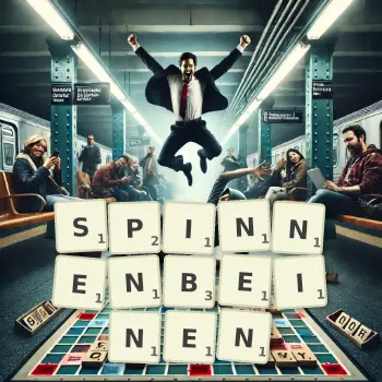 Kreative Illustration für ein Scrabble-Spiel, bei dem das Wort SPINNENBEINEN mit Steinen auf dem Brett gelegt wurde.