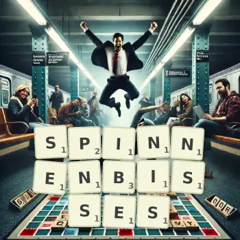 Kreative Illustration für ein Scrabble-Spiel, bei dem das Wort SPINNENBISSES mit Steinen auf dem Brett gelegt wurde.