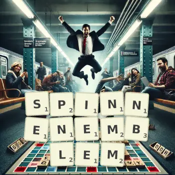 Kreative Illustration für ein Scrabble-Spiel, bei dem das Wort SPINNENEMBLEM mit Steinen auf dem Brett gelegt wurde.