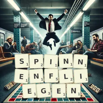 Kreative Illustration für ein Scrabble-Spiel, bei dem das Wort SPINNENFLIEGEN mit Steinen auf dem Brett gelegt wurde.