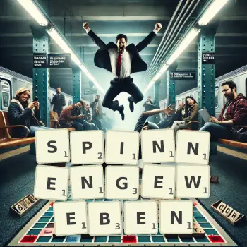 Kreative Illustration für ein Scrabble-Spiel, bei dem das Wort SPINNENGEWEBEN mit Steinen auf dem Brett gelegt wurde.
