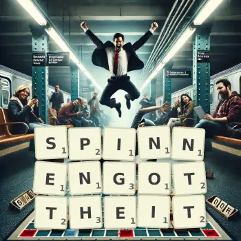 Kreative Illustration für ein Scrabble-Spiel, bei dem das Wort SPINNENGOTTHEIT mit Steinen auf dem Brett gelegt wurde.