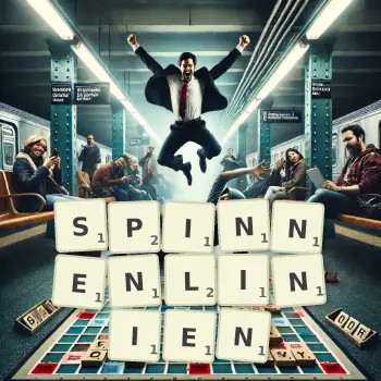 Kreative Illustration für ein Scrabble-Spiel, bei dem das Wort SPINNENLINIEN mit Steinen auf dem Brett gelegt wurde.