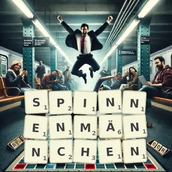 Kreative Illustration für ein Scrabble-Spiel, bei dem das Wort SPINNENMÄNNCHEN mit Steinen auf dem Brett gelegt wurde.