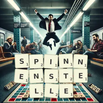 Kreative Illustration für ein Scrabble-Spiel, bei dem das Wort SPINNENSTELLE mit Steinen auf dem Brett gelegt wurde.