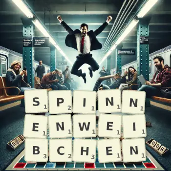 Kreative Illustration für ein Scrabble-Spiel, bei dem das Wort SPINNENWEIBCHEN mit Steinen auf dem Brett gelegt wurde.