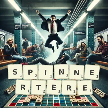 Kreative Illustration für ein Scrabble-Spiel, bei dem das Wort SPINNERTERE mit Steinen auf dem Brett gelegt wurde.
