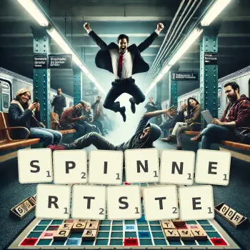 Kreative Illustration für ein Scrabble-Spiel, bei dem das Wort SPINNERTSTE mit Steinen auf dem Brett gelegt wurde.
