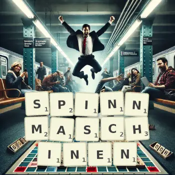 Kreative Illustration für ein Scrabble-Spiel, bei dem das Wort SPINNMASCHINEN mit Steinen auf dem Brett gelegt wurde.