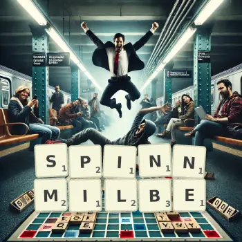 Kreative Illustration für ein Scrabble-Spiel, bei dem das Wort SPINNMILBE mit Steinen auf dem Brett gelegt wurde.