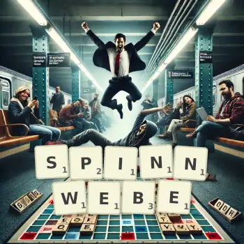 Kreative Illustration für ein Scrabble-Spiel, bei dem das Wort SPINNWEBE mit Steinen auf dem Brett gelegt wurde.