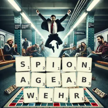 Kreative Illustration für ein Scrabble-Spiel, bei dem das Wort SPIONAGEABWEHR mit Steinen auf dem Brett gelegt wurde.