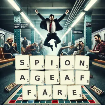 Kreative Illustration für ein Scrabble-Spiel, bei dem das Wort SPIONAGEAFFÄRE mit Steinen auf dem Brett gelegt wurde.