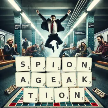 Kreative Illustration für ein Scrabble-Spiel, bei dem das Wort SPIONAGEAKTION mit Steinen auf dem Brett gelegt wurde.