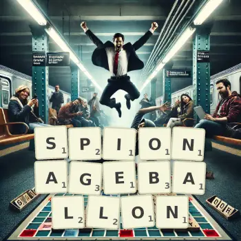 Kreative Illustration für ein Scrabble-Spiel, bei dem das Wort SPIONAGEBALLON mit Steinen auf dem Brett gelegt wurde.