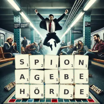 Kreative Illustration für ein Scrabble-Spiel, bei dem das Wort SPIONAGEBEHÖRDE mit Steinen auf dem Brett gelegt wurde.