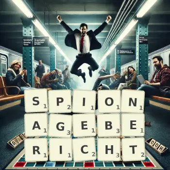 Kreative Illustration für ein Scrabble-Spiel, bei dem das Wort SPIONAGEBERICHT mit Steinen auf dem Brett gelegt wurde.