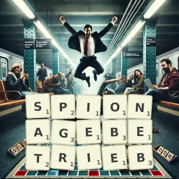 Kreative Illustration für ein Scrabble-Spiel, bei dem das Wort SPIONAGEBETRIEB mit Steinen auf dem Brett gelegt wurde.