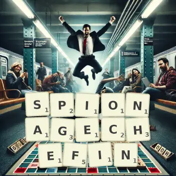 Kreative Illustration für ein Scrabble-Spiel, bei dem das Wort SPIONAGECHEFIN mit Steinen auf dem Brett gelegt wurde.