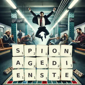 Kreative Illustration für ein Scrabble-Spiel, bei dem das Wort SPIONAGEDIENSTE mit Steinen auf dem Brett gelegt wurde.