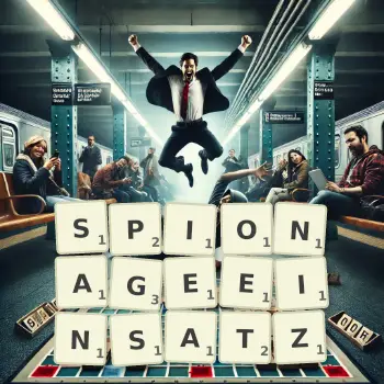 Kreative Illustration für ein Scrabble-Spiel, bei dem das Wort SPIONAGEEINSATZ mit Steinen auf dem Brett gelegt wurde.
