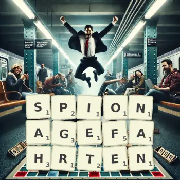 Kreative Illustration für ein Scrabble-Spiel, bei dem das Wort SPIONAGEFAHRTEN mit Steinen auf dem Brett gelegt wurde.