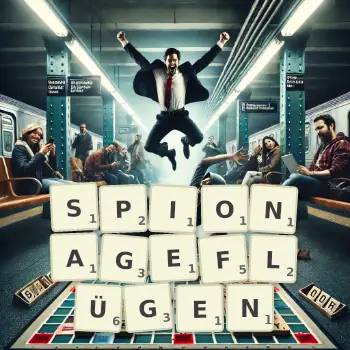 Kreative Illustration für ein Scrabble-Spiel, bei dem das Wort SPIONAGEFLÜGEN mit Steinen auf dem Brett gelegt wurde.