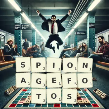 Kreative Illustration für ein Scrabble-Spiel, bei dem das Wort SPIONAGEFOTOS mit Steinen auf dem Brett gelegt wurde.