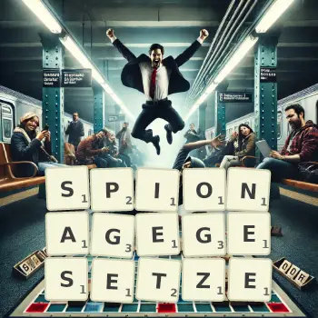 Kreative Illustration für ein Scrabble-Spiel, bei dem das Wort SPIONAGEGESETZE mit Steinen auf dem Brett gelegt wurde.