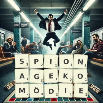 Kreative Illustration für ein Scrabble-Spiel, bei dem das Wort SPIONAGEKOMÖDIE mit Steinen auf dem Brett gelegt wurde.