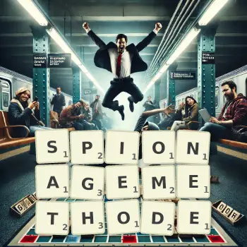 Kreative Illustration für ein Scrabble-Spiel, bei dem das Wort SPIONAGEMETHODE mit Steinen auf dem Brett gelegt wurde.